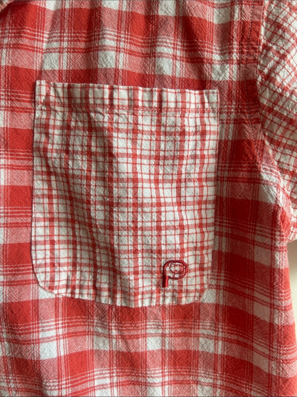 Penfield Short Sleeve Plaid Button Down Orange White Top Size Small - Picture 8 of 9